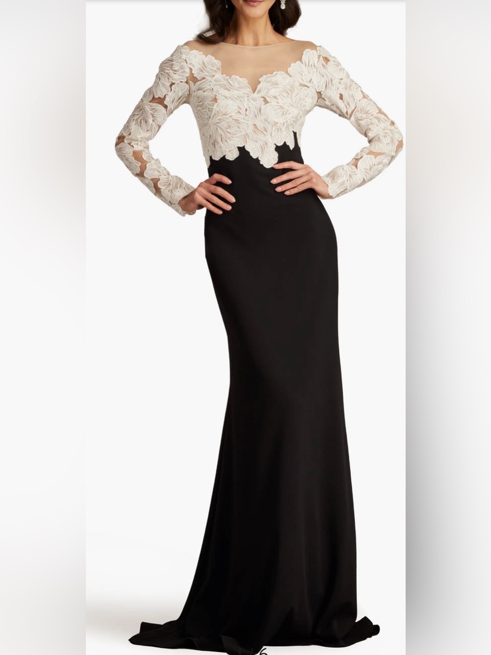 Tadashi shoji Floral Lace Bodice Mixed Media Long Sleeve Gown size 16